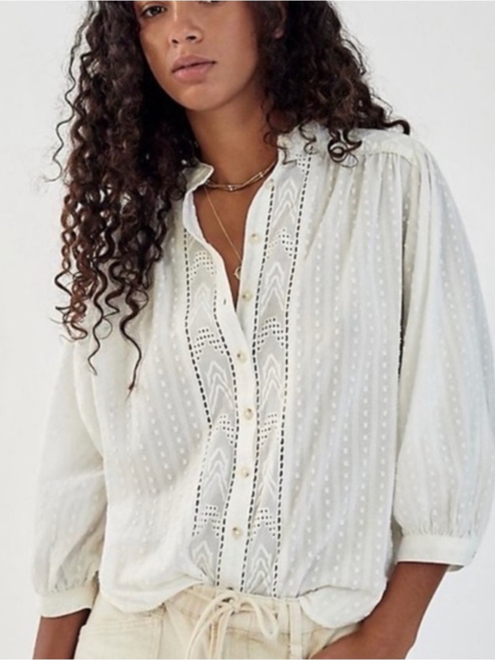Pilcro Anthropologie White Swiss Dot Lace Pintuck Blouse Top L Cotton Boho